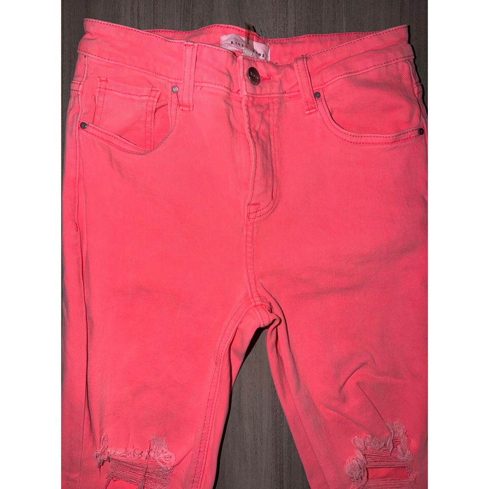 Risen Jeans Neon Pink Distressed Flare High Rise Denim RDP5265-N Size 7/28 A1 - Picture 10 of 12